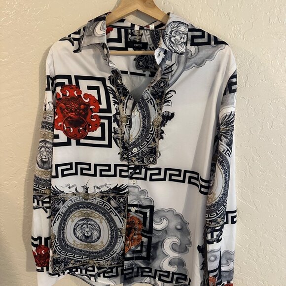 Pavini Long Sleeve Button Up Gold Baroque Lion Dress Shirt - Picture 2 of 10